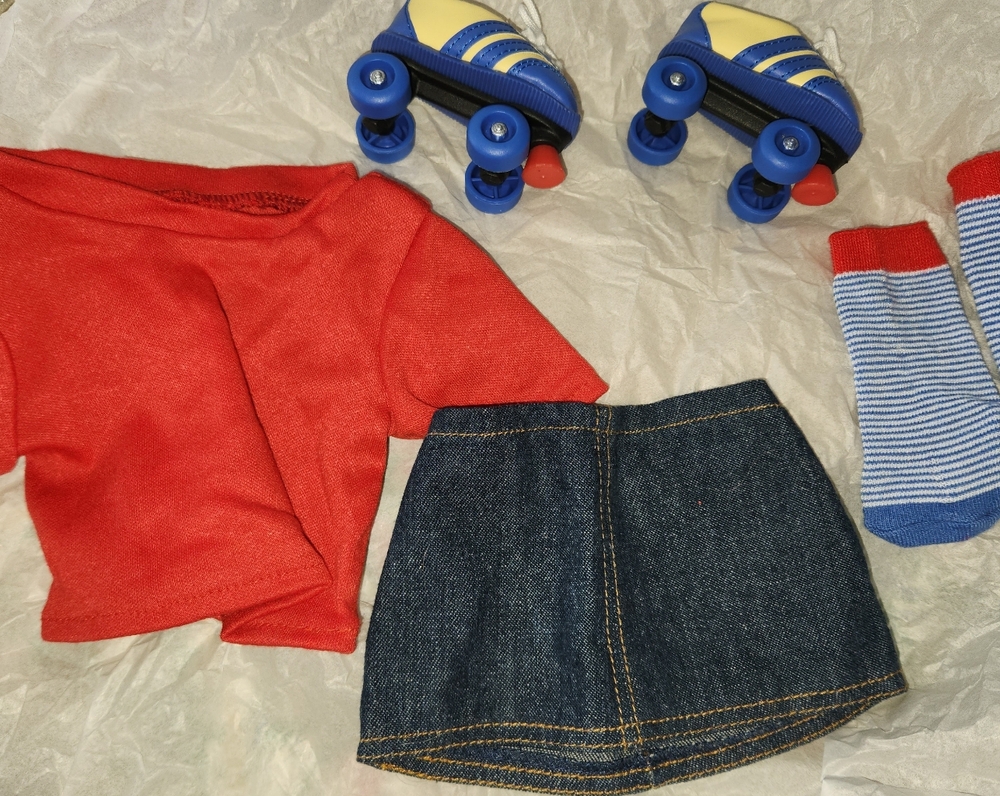 AMERICAN GIRL ROLLER SKATING Red Top and Denim Skirt Set with Roller Skates